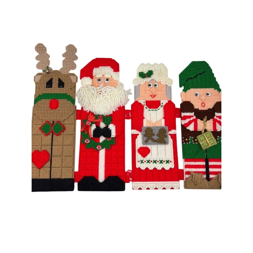 VTG Handmade Christmas Needlepoint Plastic Canvas Set Santa Elf Reindeer Red